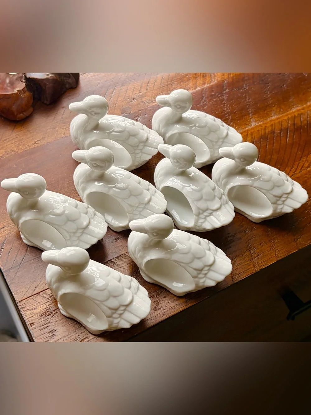 Vintage Cottagecore Kitchen Table Elegant White Ceramic Duck Napkin Rings Set x8